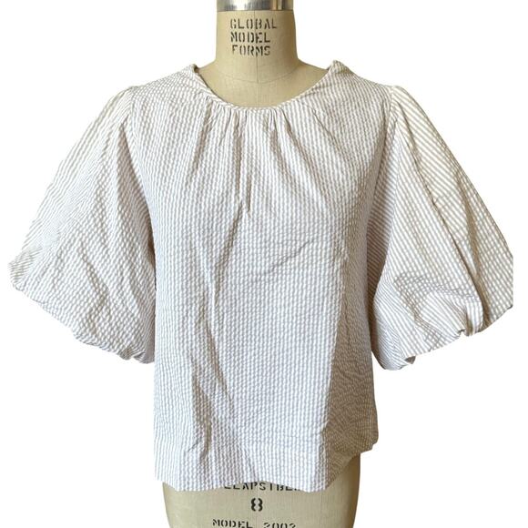 JOE'S Cotton Seersucker Puff Sleeve Top In Khaki White Stripe Size XL X-Large - Picture 2 of 9